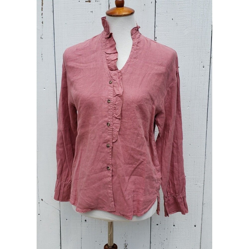 XCVI Women Pink Collared Long Sleeve 100% LINEN Ruffled Button Up Shirt Sz XS